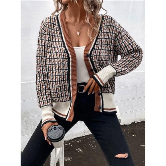 Plaid Pattern Drop Shoulder Cardigan - Picture 5 of 6